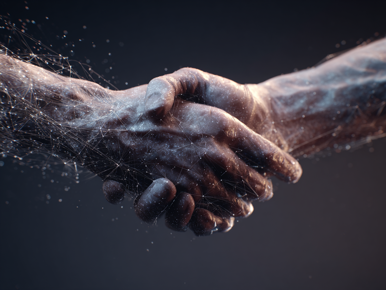 Hands shaking across digital and real environments