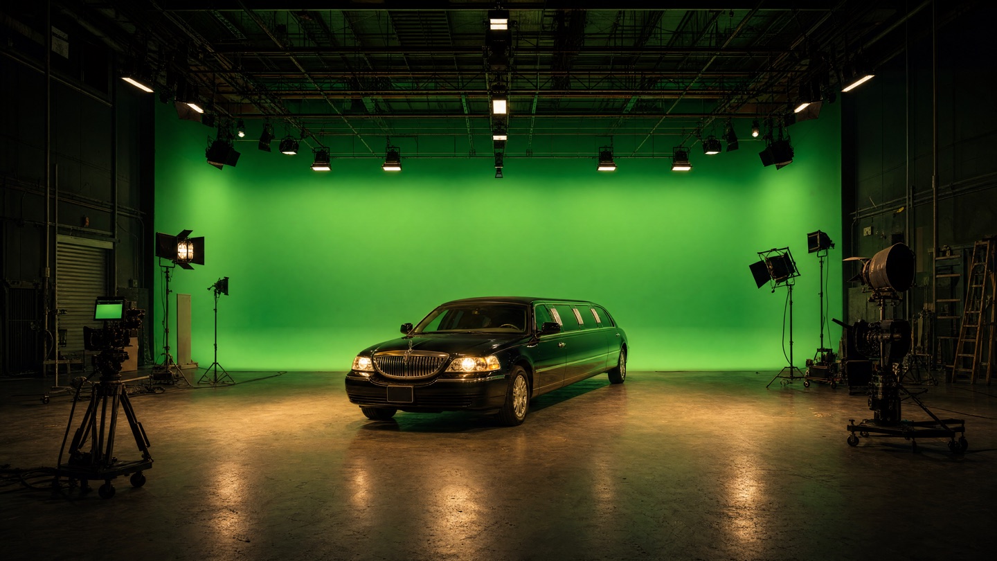 Just Drive — black stretch limo on a green-screen soundstage under production lighting
